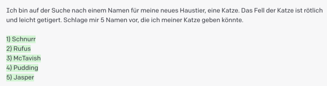 Abbildung 3: Prompt und Output-Text (grün) ohne Begründung.