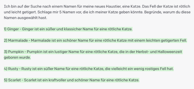 Abbildung 4: Prompt und Output-Text (grün) mit Begründung.