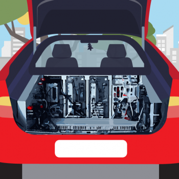 Grafik autonomes Auto mit Computern im Kofferraum